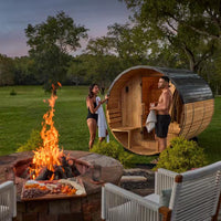 Paxton 4-Person Outdoor Cedar Traditional Wet/Dry Barrel Sauna with Porch, 9Kw Electric Heater, Wi-Fi, LED Lights