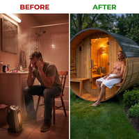 Paxton 4-Person Outdoor Cedar Traditional Wet/Dry Barrel Sauna with Porch, 9Kw Electric Heater, Wi-Fi, LED Lights — Before & After