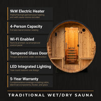 Paxton 4-Person Outdoor Cedar Traditional Wet/Dry Barrel Sauna with Porch, 9Kw Electric Heater, Wi-Fi, LED Lights — Results & Stats