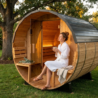 Paxton 4-Person Outdoor Cedar Traditional Wet/Dry Barrel Sauna with Porch, 9Kw Electric Heater, Wi-Fi, LED Lights — Lifestyle
