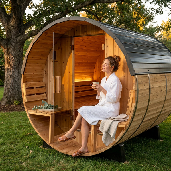 Outdoor Cedar Barrel Sauna Built for Home Wellness, 4-Person Capacity, 9kW Electric Heater, Wi-Fi Control