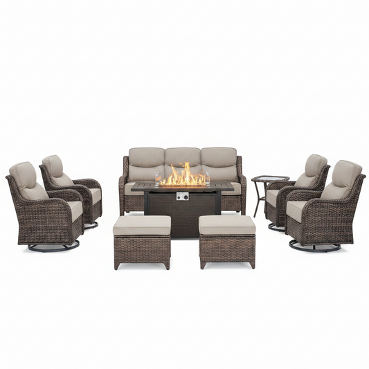 9-Piece Outdoor Patio Furniture Set with Fire Pit Table,Swivel Chairs and 6" Thick Cushions,Sectional Sofa and Ottomans,Patio Conversation Set for Porch Deck Garden Backyard